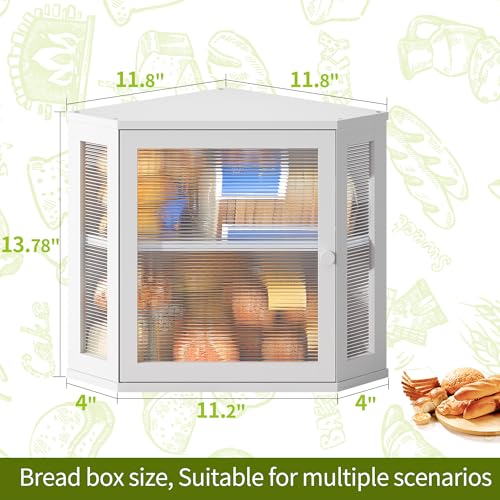 Corner Bread Box for Kitchen Countertop Double Layer Bamboo Wooden Bread box Large Capacity Bread Storage Bin (White / Medium)