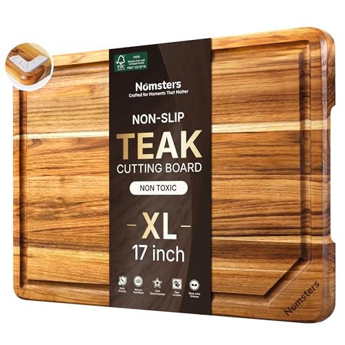 17" Teak Wood Cutting Boards for Kitchen Wooden Chopping Board Non Slip (17"L x 12"W)