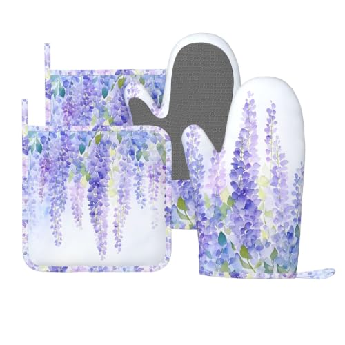 Oven Mitts and Pot Holders Set Lavender Flower Floral Silicone Kitchen Accessories 4 Piece Heat Resistant Long Gloves Potholder Non (C08)