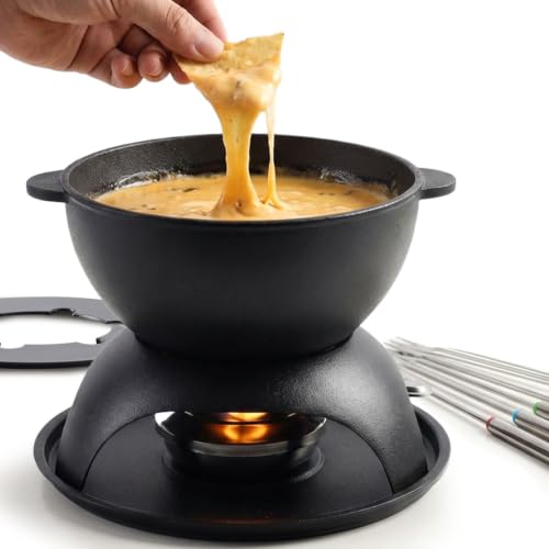 11 Piece Cast Iron Fondue Set with Adjustable Burner 6 Colored Forks