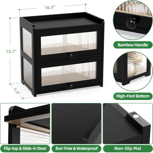 Extra Large Bamboo Bread Box for Kitchen Counter (Black-Flip Doors)