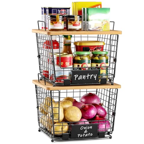 Stackable Wire Basket with Bamboo Tops & Tag