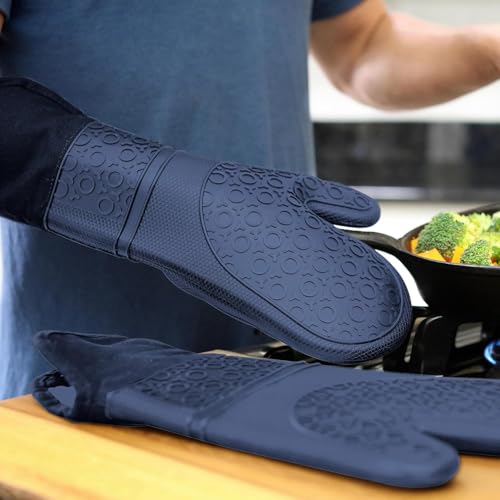 BPA Free Soft Silicone Oven Mitts (Navy Blue / 2-Piece 14.7" Oven Mitts)
