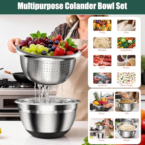 Stainless Steel Mixing Bowls Set with Lids & Silicone Base (Black)