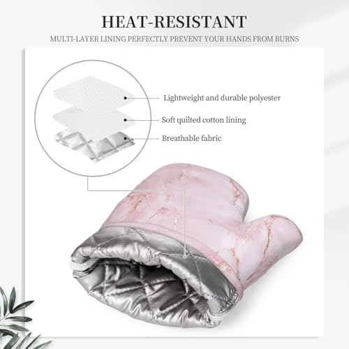 Oven Mitts and Pot Holders Light Pink Marble Art Silicone Kitchen Accessories Set of 4 Heat Resistant Long Gloves Potholder Non (A06321111)