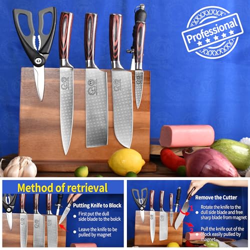 Extra Large Magnetic Knife Block Acacia Wood Knife Set Holder Stand With Stronge Magnetic Strip Kitchen Knives Storage Rack Organizer Tools No Drilling (dark wood color / 11*8 inch without board)