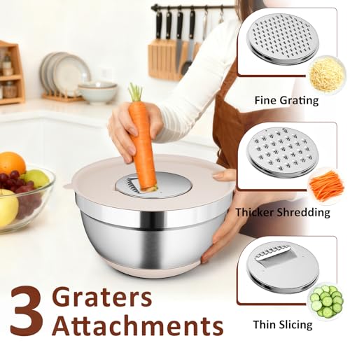 9 Pack Mixing Bowls with Airtight Lids & Grater Attachments (Khaki)