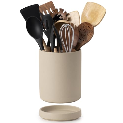 2-in-1 Ceramic Utensil Holder Set for Countertop, Cooking Utensil Crocks for Kitchen Counter, Large Modern Organizer for Spatulas & Spoons, Kitchen Decor, Pottery Clay