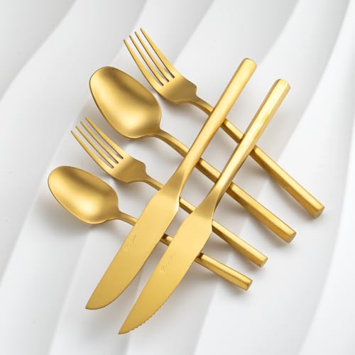 Matte Silverware Set Gold Flatware Set with Hexagon Handle 20 Pieces 18