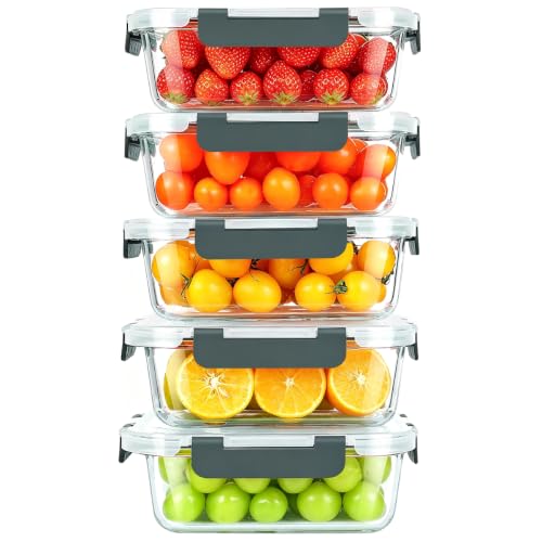 5 Pack Glass Meal Prep Containers Set with Lids