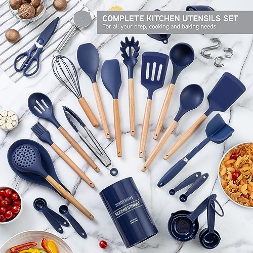 Non Stick Silicone Utensil Set with Rounded Wood Handles for Cooking and Baking (38 Piece Set / Navy)