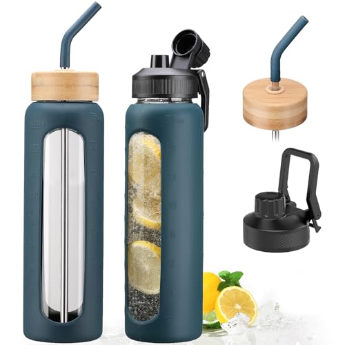 Glass Water Bottle with Straw and 2 Lids