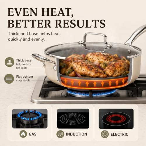 12 INCH Ceramic Nonstick Deep Frying Pan with Lid (Cream & Grey / 12 Inch /5 QT)