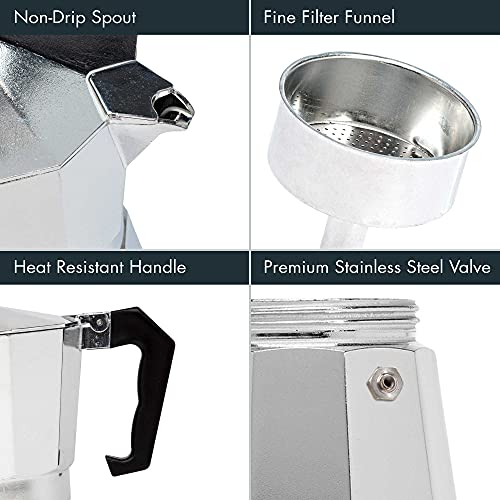 Stovetop Espresso Maker and Handheld Electric Milk Frother Gift Set (Silver / 6 Cup + Frother)