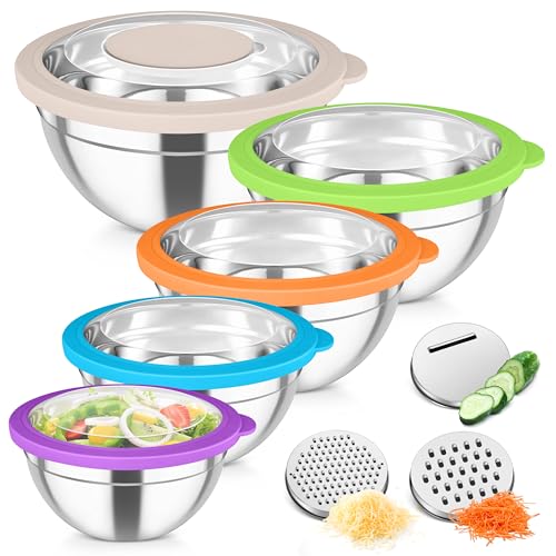 Stainless Steel Mixing Bowls with Transparent Lids & Graters Set