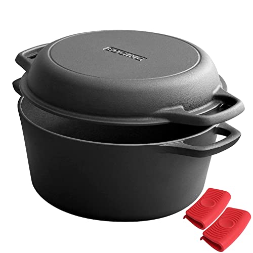2-in-1 Pre-Seasoned Cast Iron Dutch Oven Pot with Skillet Lid Cooking Pan, Cast Iron Skillet Cookware Pan Set with Dual Handles Indoor Outdoor for Bread, Frying, Baking, Camping, 7QT (7QT)