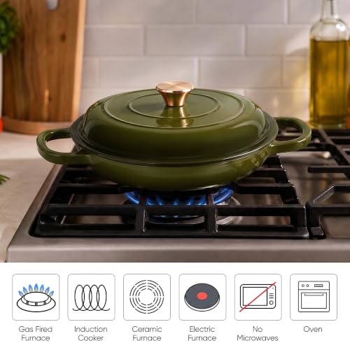 Dutch Oven Enameled Cast Iron with Lid (Golden Green / 3 QT（Shallow Pot）)