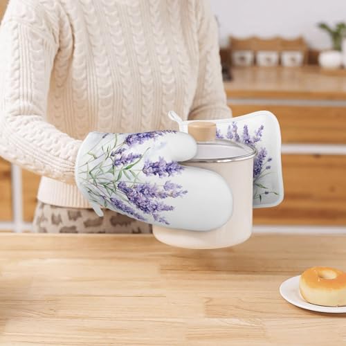 Oven Mitts and Pot Holders Lavender Watercolor Flower Floral Silicone Kitchen Accessories Set of 4 Heat Resistant Long Gloves Potholder Non (B01)