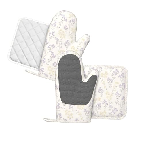 Oven Mitts Pot Holders Set Pastel Flower Pattern Silicone Kitchen Gloves Potholders Heat Resistant for Chef Baking Cooking Grilling BBQ 4 Pack Mitt (B0115)