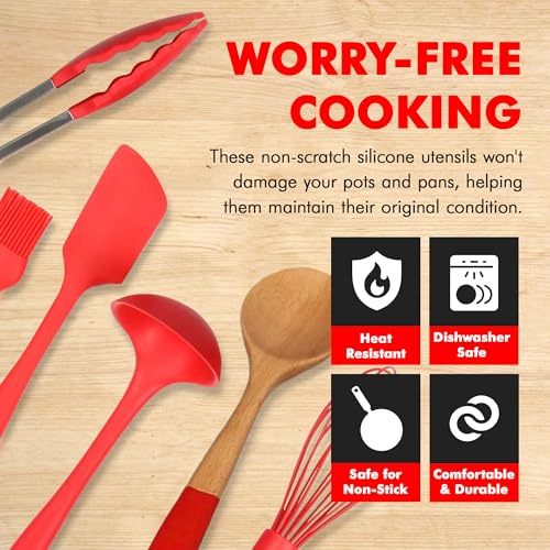 Premium Silicone Kitchen Tool and Utensil Set (11 Piece Set / Red)