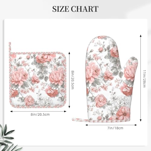 Oven Mitts Pot Holders Set Vintage Flower Silicone Kitchen Gloves Potholders Heat Resistant for Chef Baking Cooking Grilling BBQ 4 Pack Mitt (A0613)