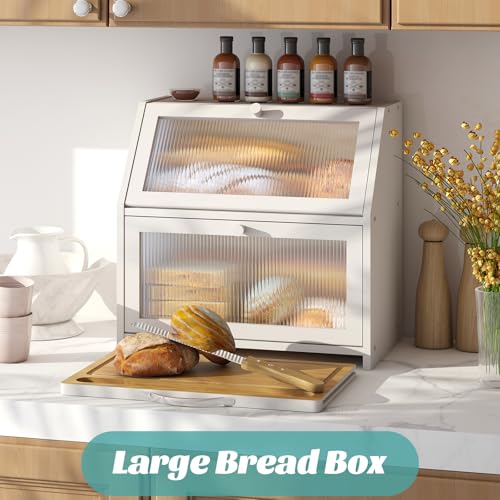 Extra Large Bread Box with Cutting Board Bamboo Wood Bread Box for Kitchen Counter (White)