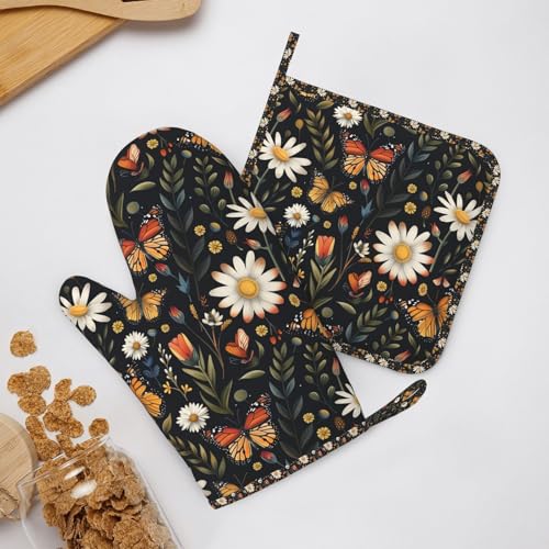 Oven Mitts Pot Holders Set Vintage Butterfly Daisy Leaf Silicone Kitchen Gloves Potholders Heat Resistant for Chef Baking Cooking Grilling BBQ 4 Pack Mitt (D01)