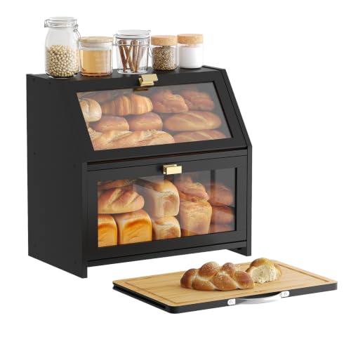 Bread Box with Cutting Board for Kitchen Countertop Corner Bread box Double Layer Bamboo Extra Large Capacity Bin Kitchen Food Storage Container (Black)
