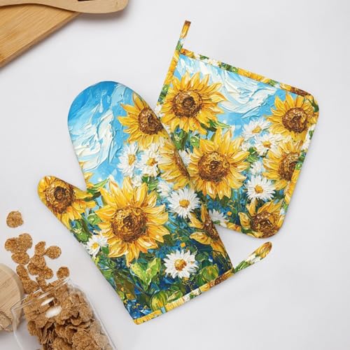 Oven Mitts and Pot Holders Sunflower Daisy Flower Art Silicone Kitchen Accessories Set of 4 Heat Resistant Long Gloves Potholder Non (A0664212)