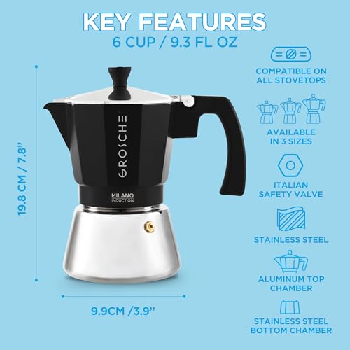 Milano Induction Stovetop Espresso Maker Moka Pot 6 Cup (6 espresso cups / Induction, Black)