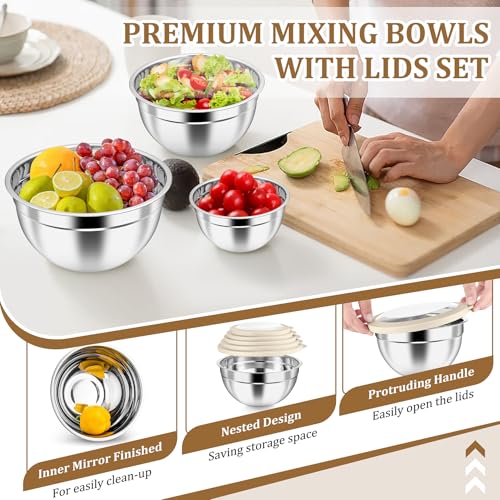 Metal Mixing Bowls with Lids Set (Khaki / Visible Airtight Lids)
