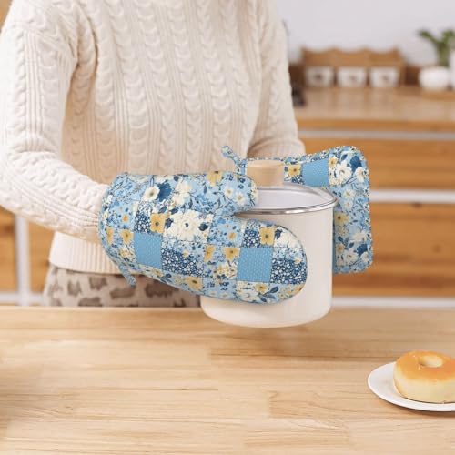 Oven Mitts and Pot Holders Floral Blue Pastel Vintage Silicone Kitchen Accessories Set of 4 Heat Resistant Long Gloves Potholder Non (A0664216)
