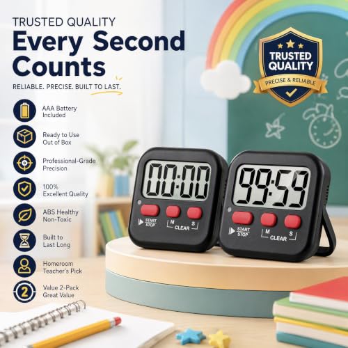2 Pack Digital Timer for Kids Classroom Kitchen Timers for Cooking (1 * New Black)