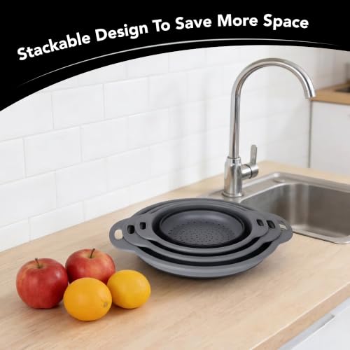 Collapsible Colander Set of 3 Round Silicone Kitchen Strainer Set