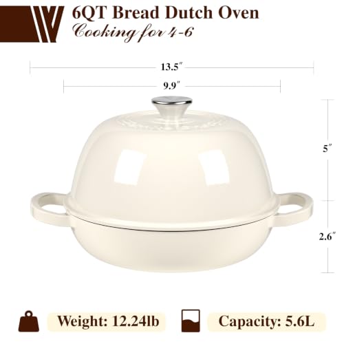 6QT Enameled Cast Iron Dutch Oven for Bread Baking (Cream White)