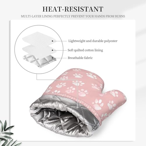 Oven Mitts and Pot Holders Pastel Pink Dog Paw Pattern Silicone Kitchen Accessories Set of 4 Heat Resistant Long Gloves Potholder Non (A063224)