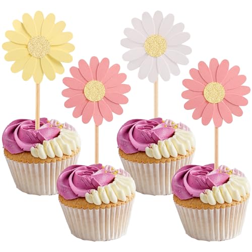 24Pcs Daisy Cupcake Toppers Flower Cake Topper Decorations Daisy Cake Decorations Chrysanthemum Cupcake Toppers Spring Daisy Flower Cake Picks