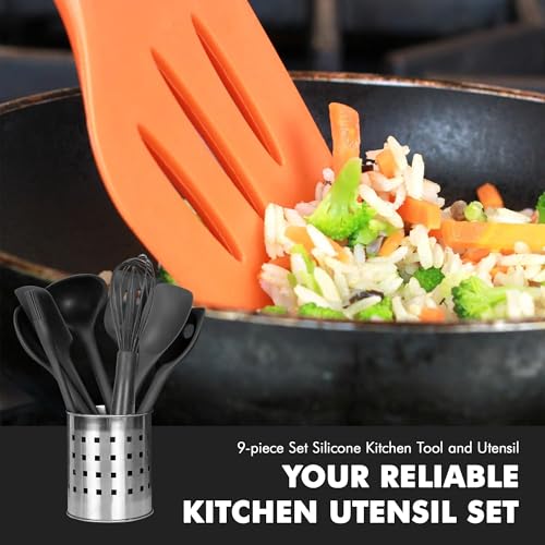 Premium Silicone Kitchen Tools and Utensils Set (9 Piece Set / Black)