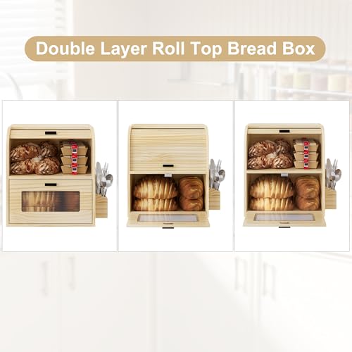 Roll Top Bread Box for Kitchen Countertop (Wood Color)