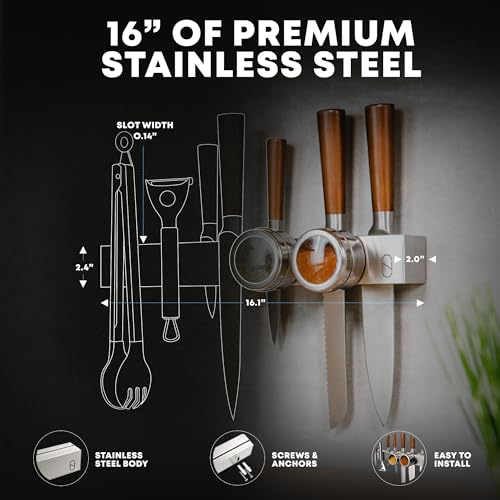 16" Magnetic Knife Holder for Wall with 2x Storage (Stainless Steel / 16" w/ Wall Mount)