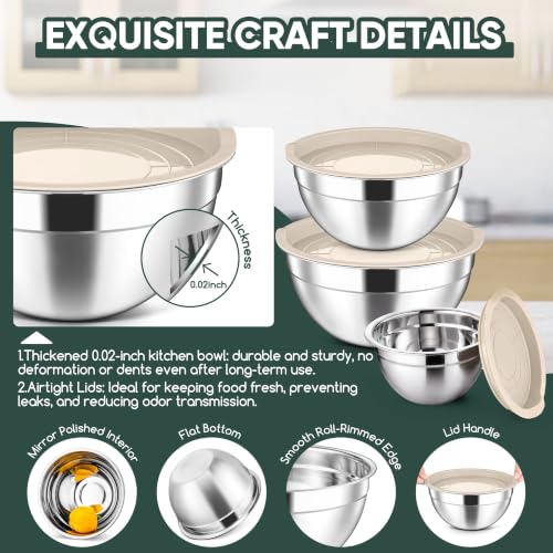 Stainless Steel Mixing Bowls with Lids Set of 3 (Khaki / 4.6, 3, 1.5QT)