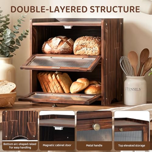 Wooden Bread Box with Acrylic Window for Kitchen Countertop (2 Layer)