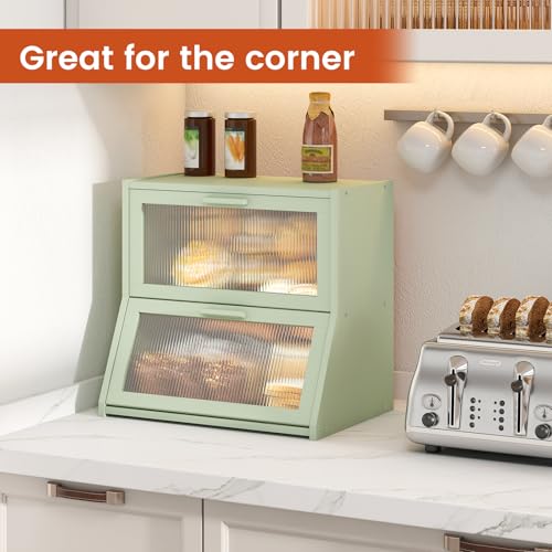 Double Layer Bamboo Bread Box for Kitchen Counter (Light Green / Extra Large)