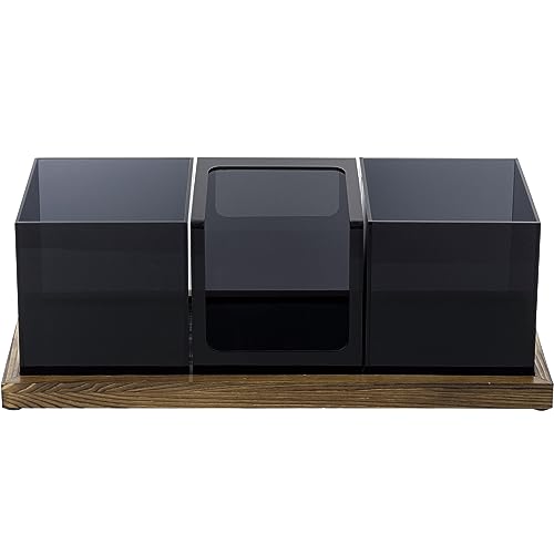 Modern Modular Coffee and Tea Station Organizer with 3 Removable Premium Clear Acrylic Compartments and Rustic Burnt Solid Wood Decorative Tray