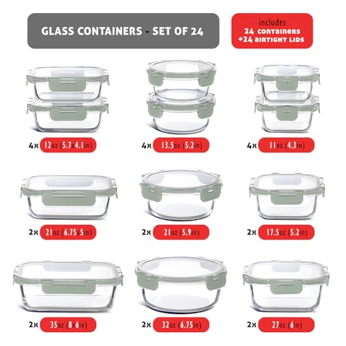 48pc Glass Storage Containers with Lids (Sage Green / 24 Pack)