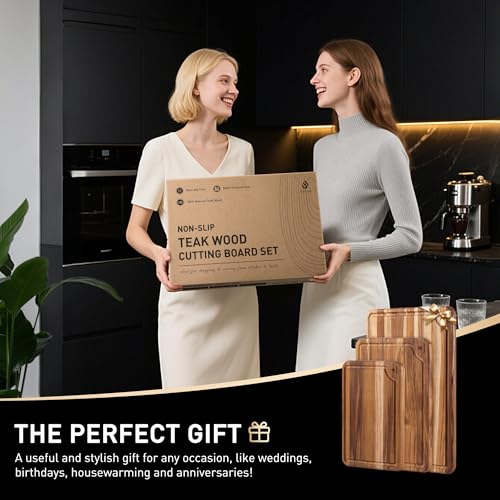 Teak Wood Cutting Boards for Kitchen 3 Pack Wooden Chopping Boards Non Slip (Multi-Size Set | 3 Pack)