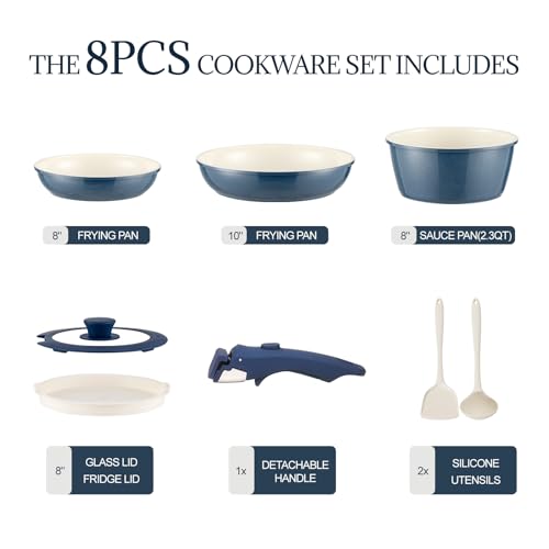 Ceramic Cookware Set Non Stick Pots and Pans Set Detachable Handle Induction Kitchen Cooking Set with Frying Pans Oven Dishwasher Safe