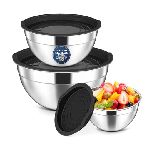 Stainless Steel Mixing Bowls with Lids Set of 3 (Black / 4.6, 3, 1.5QT)
