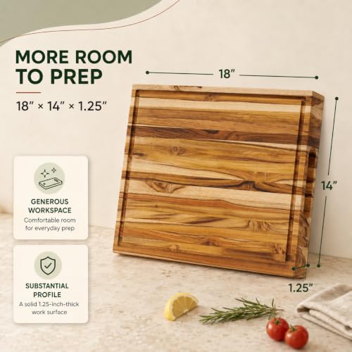 Edge Grain Teak Wood Cutting Board 18x14x1.25" With Deep Juice Groove & Side Handles (Teak Wood - Edge Grain / 18"L x 14"W)
