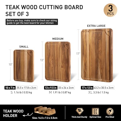3 Pack Teak Cutting Boards for Kitchen Wood Wooden Cutting Boards Non Toxic (Multi-Size Set | 3 Pack with Holder)
